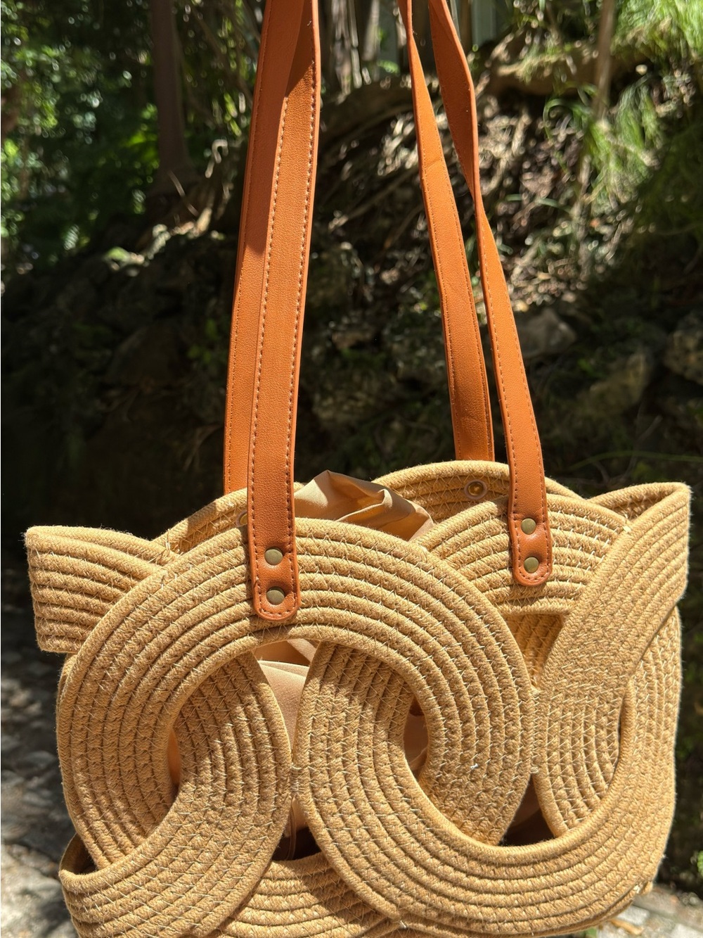 Woven Beige Tote Bag with Tan Leather Straps - Natural